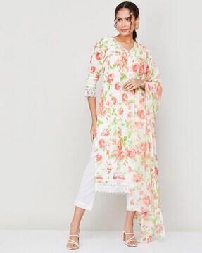 floral print straight kurta with pants & dupatta