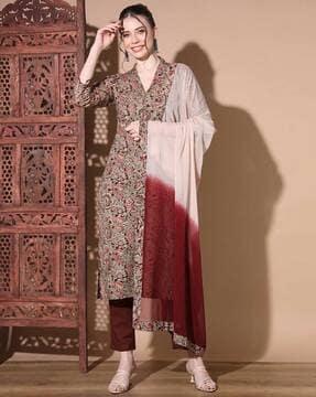 floral print straight kurta with pants & dupatta