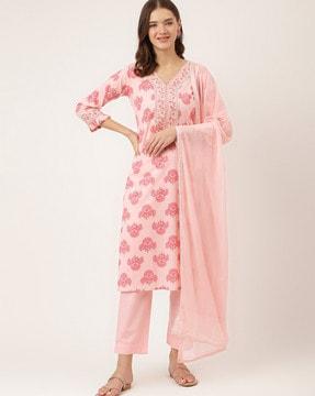 floral print straight kurta with pants & dupatta