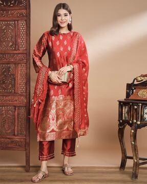 floral print straight kurta with pants & dupatta