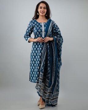 floral print straight kurta with pants & dupatta