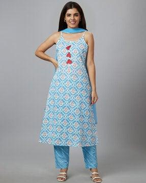 floral print straight kurta with pants & dupatta