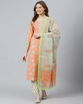 floral print straight kurta with pants & dupatta