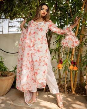 floral print straight kurta with pants & dupatta