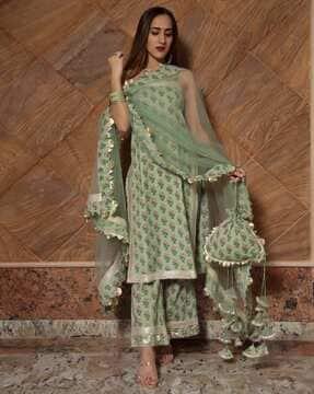 floral print straight kurta with pants & dupatta