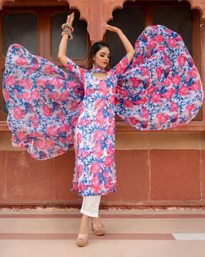 floral print straight kurta with pants & dupatta