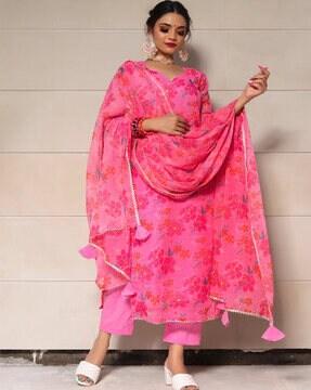 floral print straight kurta with pants & dupatta