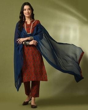 floral print straight kurta with pants & dupatta