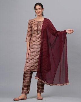 floral print straight kurta with pants & dupatta