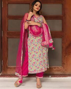 floral print straight kurta with pants & dupatta