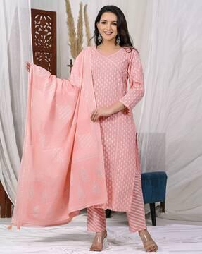 floral print straight kurta with pants & dupatta