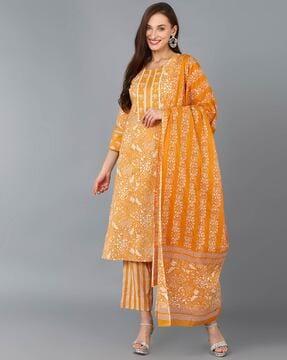 floral print straight kurta with pants & dupatta