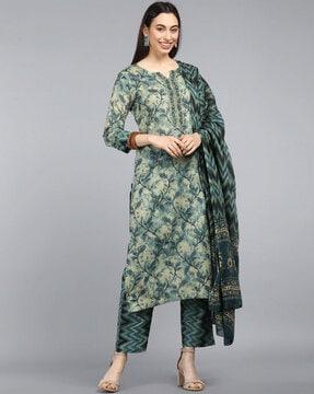 floral print straight kurta with pants & dupatta