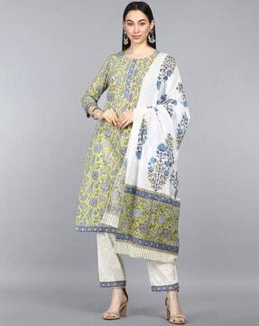 floral print straight kurta with pants & dupatta