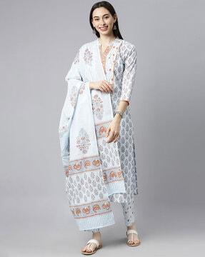 floral print straight kurta with pants & dupatta