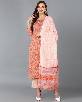 floral print straight kurta with pants & dupatta