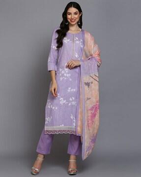 floral print straight kurta with pants & dupatta