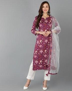 floral print straight kurta with pants & dupatta