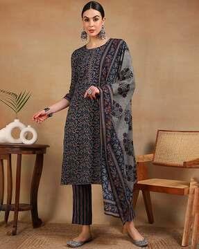 floral print straight kurta with pants & dupatta