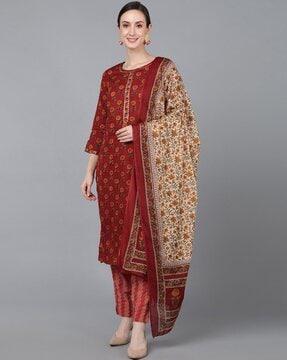 floral print straight kurta with pants & dupatta