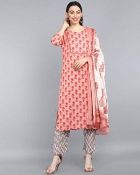 floral print straight kurta with pants & dupatta