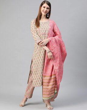 floral print straight kurta with pants & dupatta