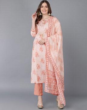 floral print straight kurta with pants & dupatta