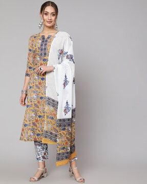 floral print straight kurta with pants and dupatta