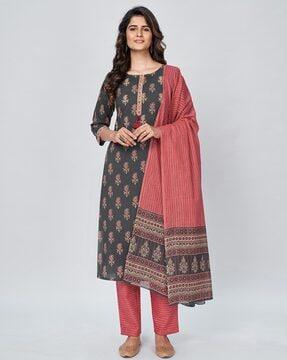 floral print straight kurta with pants and dupatta