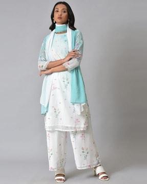 floral print straight kurta with parallel pants & dupatta