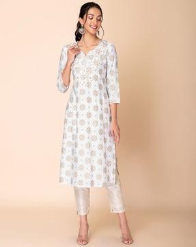 floral print straight kurta with round neck