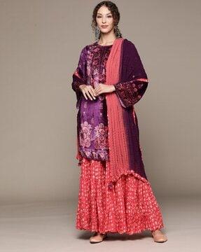 floral print straight kurta with sharara & dupatta