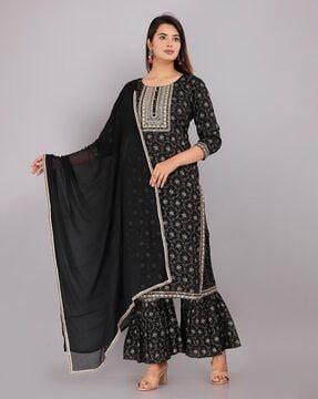 floral print straight kurta with sharara & dupatta