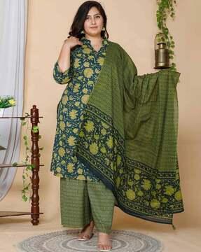 floral print straight kurta with sharara pants & dupatta