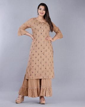 floral print straight kurta with sharara