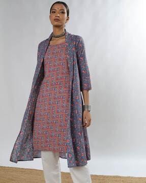 floral print straight kurta with shrug