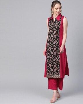 floral print straight kurta with spread collar