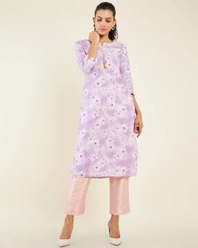 floral print straight kurta with tassel