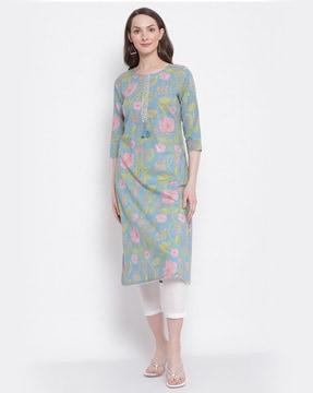 floral print straight kurta with tassels