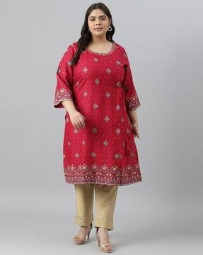 floral print straight kurta with tie-up