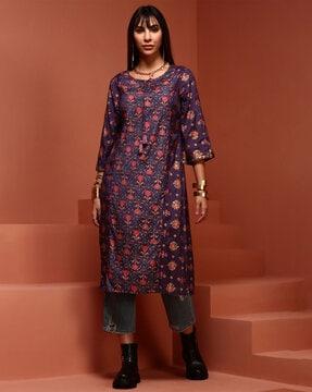 floral print straight kurta with tie-up