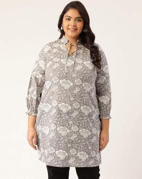 floral print straight kurta with tie-up