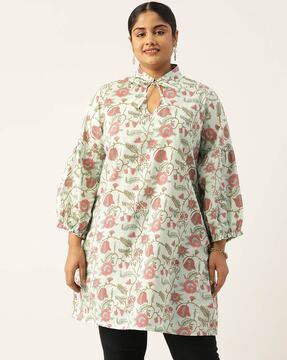 floral print straight kurta with tie-up