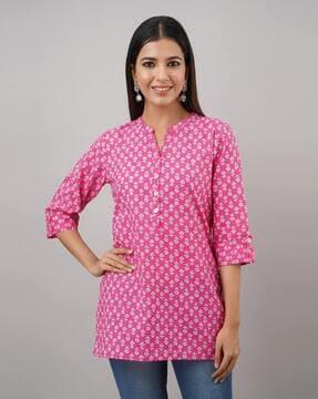 floral print straight kurti with collar-neck
