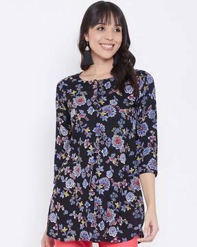 floral print straight kurti with high-low hem