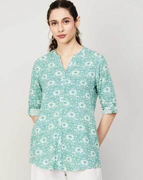 floral print straight kurti with mandarin collar