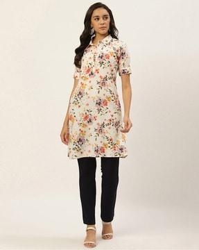 floral print straight kurti with spread collar