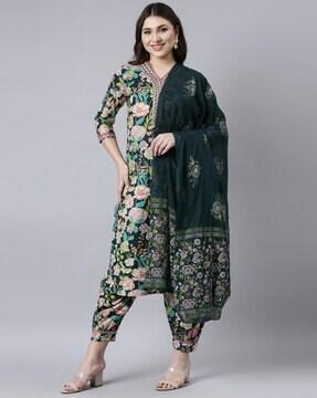 floral print straight v-neck kurta & pants set with dupatta