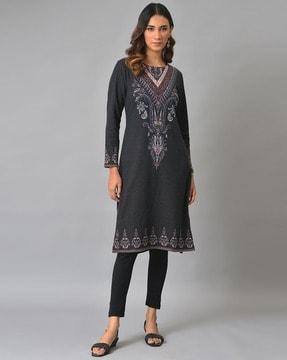 floral print straight winter kurta