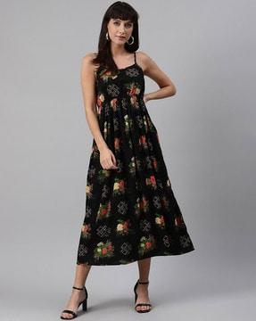 floral print strappy  fit & flare dress